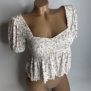 Forever 21 Floral Puff Sleeve Peplum Top M Cottagecore Milkmaid Coquette